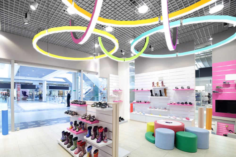 Multicolored barbican ring lighting in a shoe store