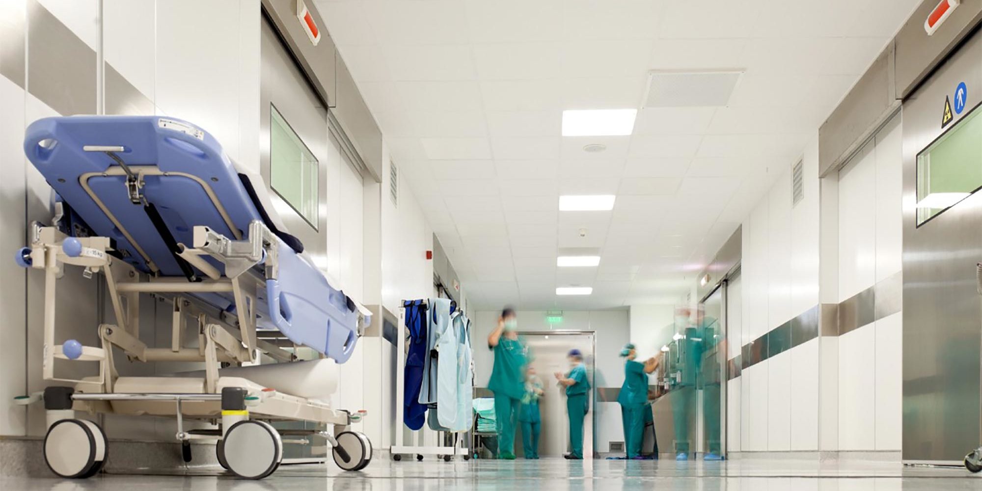 Healthcare Lighting LED troffers installed in a hospital hallway