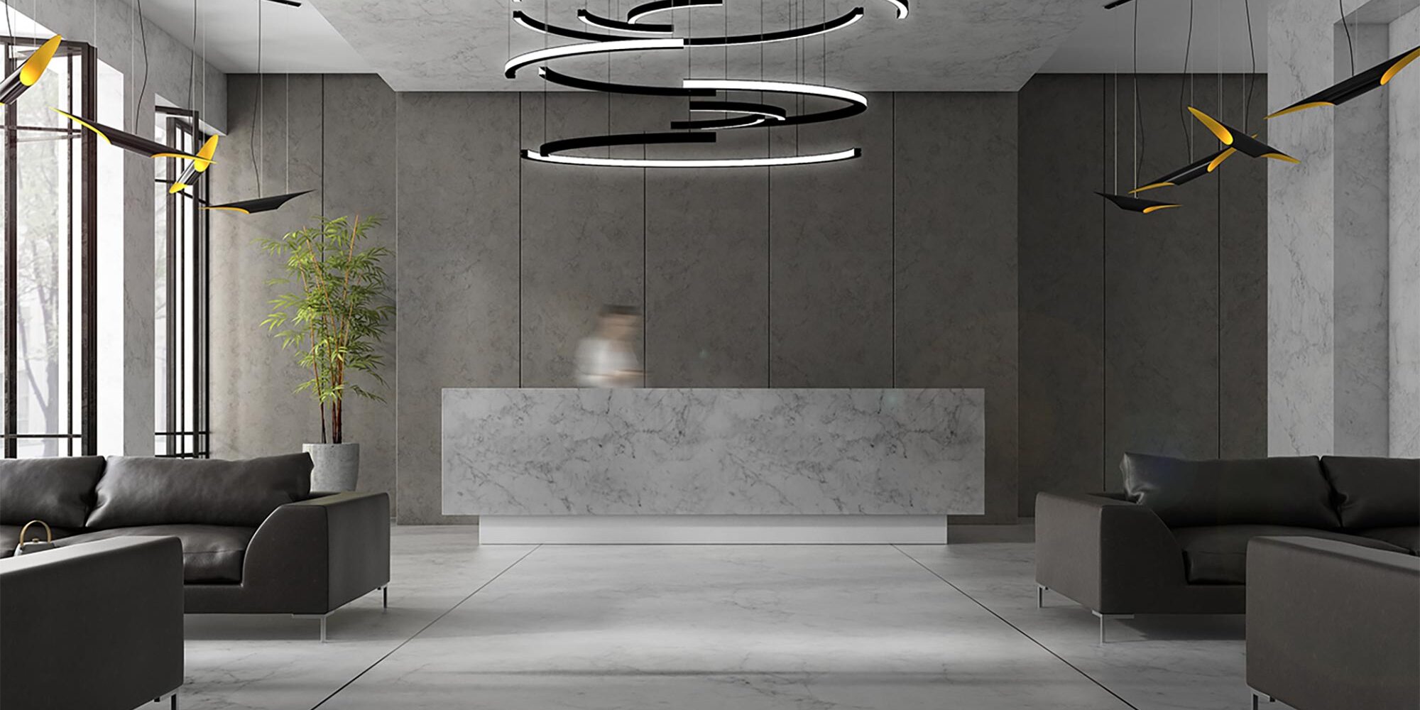 Architectural LED pendant lighting installed in a minimalist lobby space